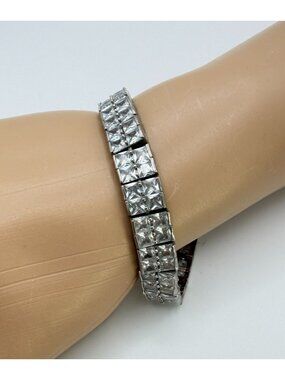 Vintage Silver Tone Rhinestone Tennis Bracelet Art Deco Retro Style DISTRESSED